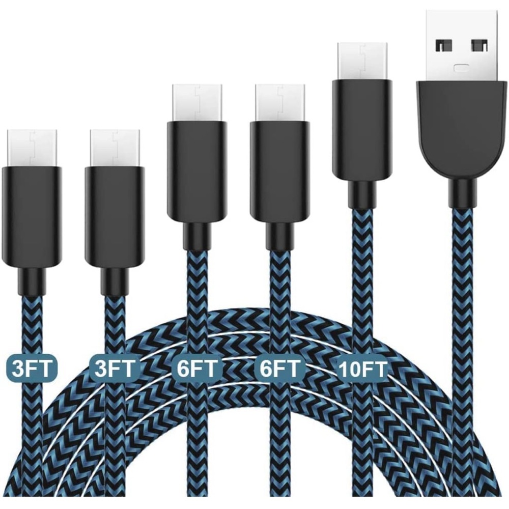 5 Pack (3/3/6/6/10FT) Fast Charging 3A USB-C to USB-A Cable Rapid Charger (Blue)